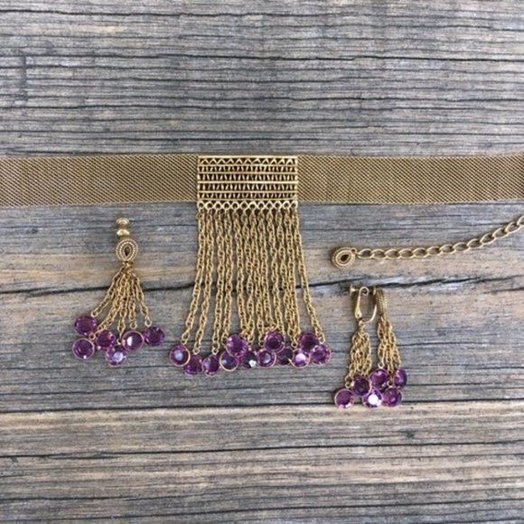 "Goldette" Mesh Drop Crystal Choker & Earrings - Picture 3 of 7